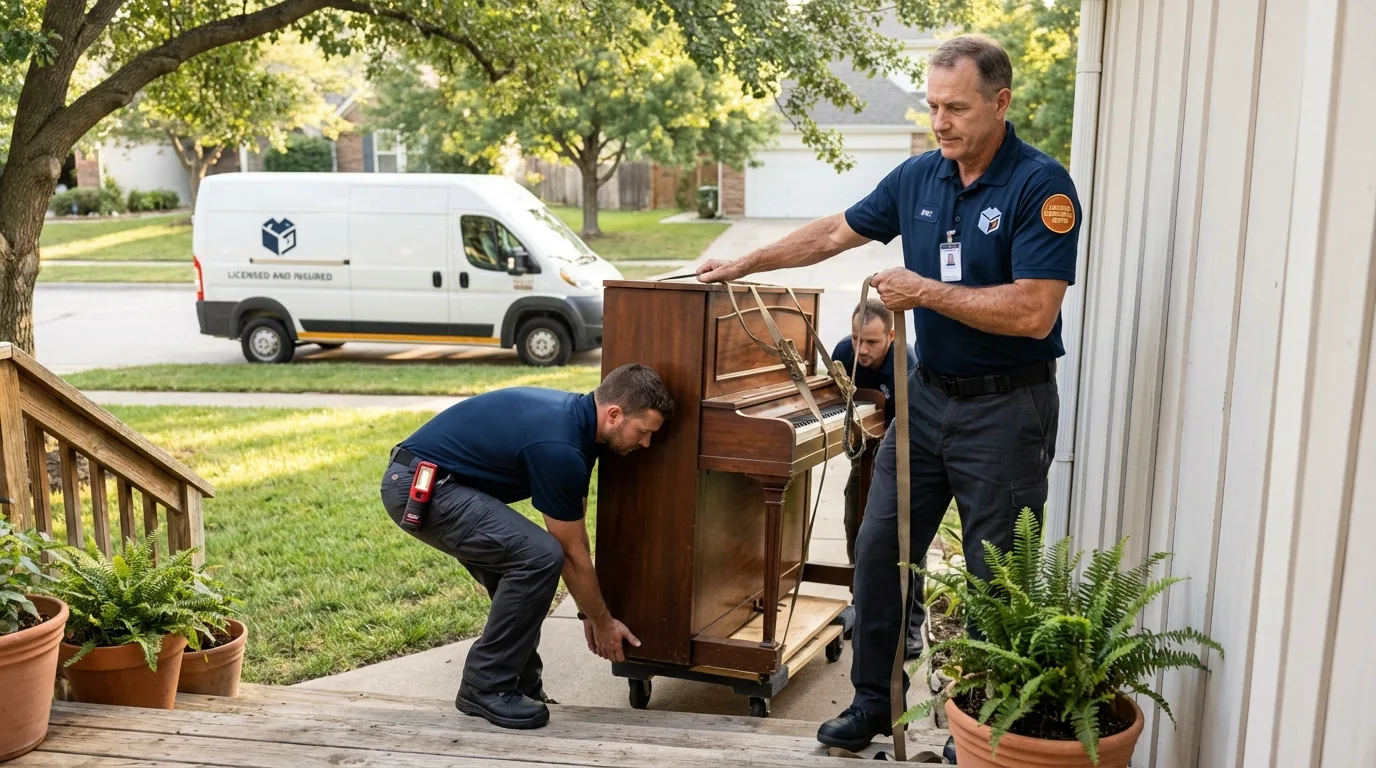 Licensed piano movers securing grand piano in Highland Park, NJ