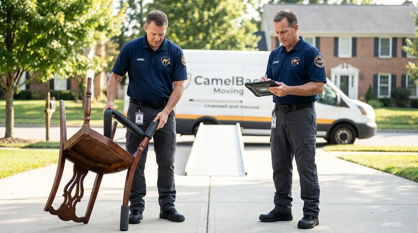 Movers inspecting furniture for damage prevention before loading in Highland Park, NJ