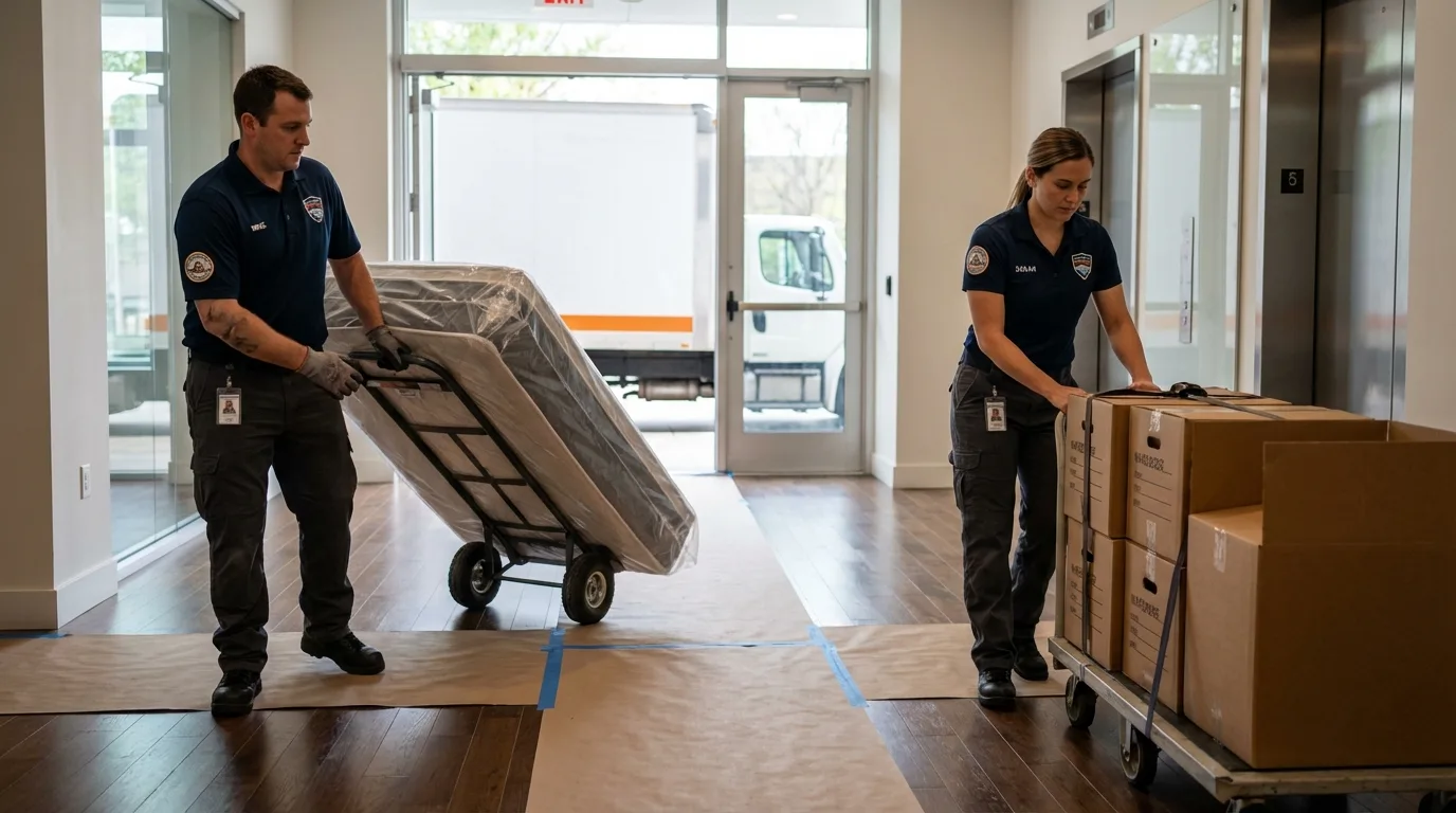 Professional apartment movers loading elevator in Highland Park, NJ
