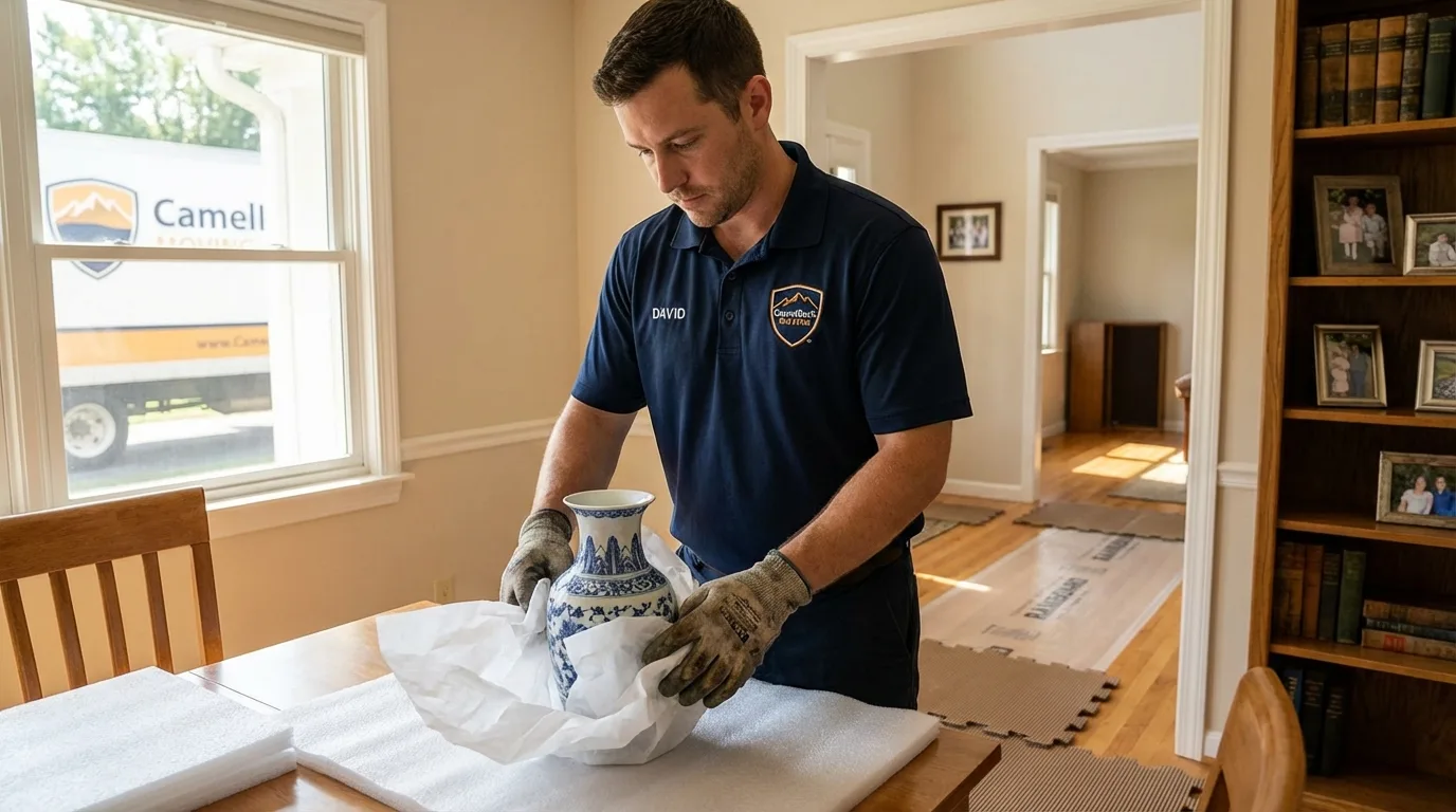 Professional crew carefully wrapping antique vase for senior downsizing move in Highland Park, NJ