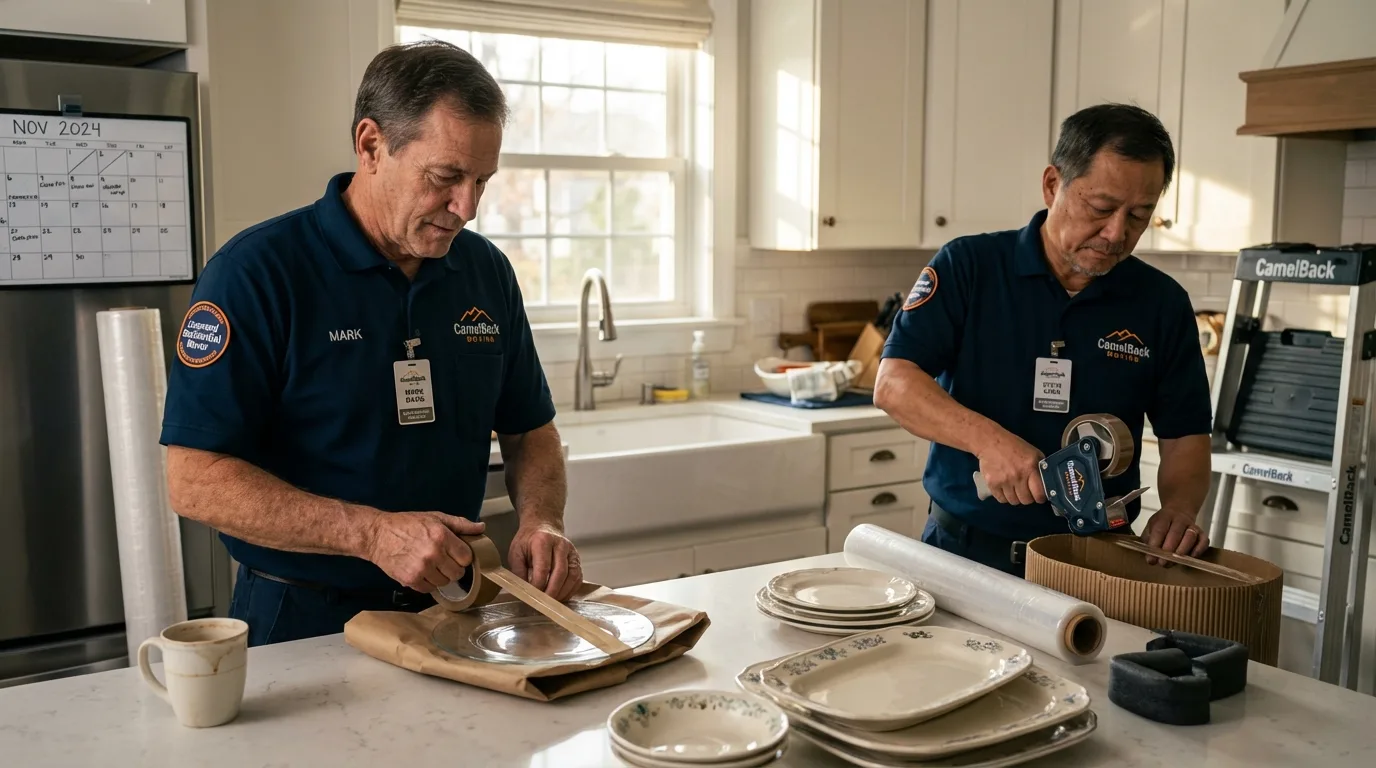 Professional crew packing kitchen dishware in Highland Park, NJ